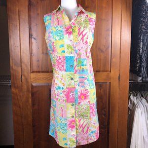 Vintage Palm Lily Cottagecore Sleeveless Boho Patchwork Button Front Shirt Dress